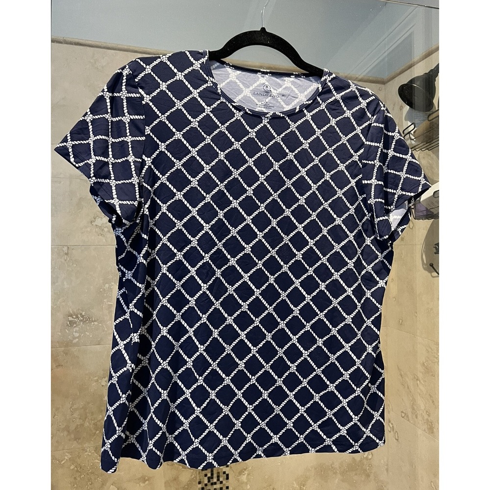 Lands' End Womens Large Rope Nautical Blouse Navy Blue White Scoop Neck Top